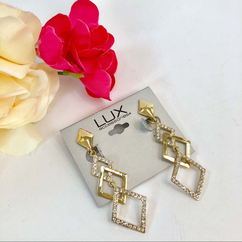 Lux Clip Gold & Rhinestone Earrings.